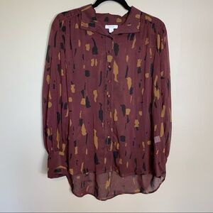 Nine West Semi Sheer Button Up Blouse Size Medium Wine Red Office Career Wear